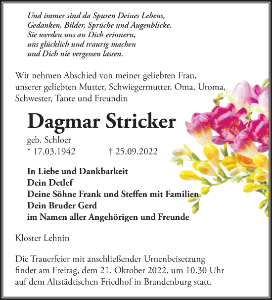 Traueranzeige von Dagmar Stricker von Märkische Oderzeitung