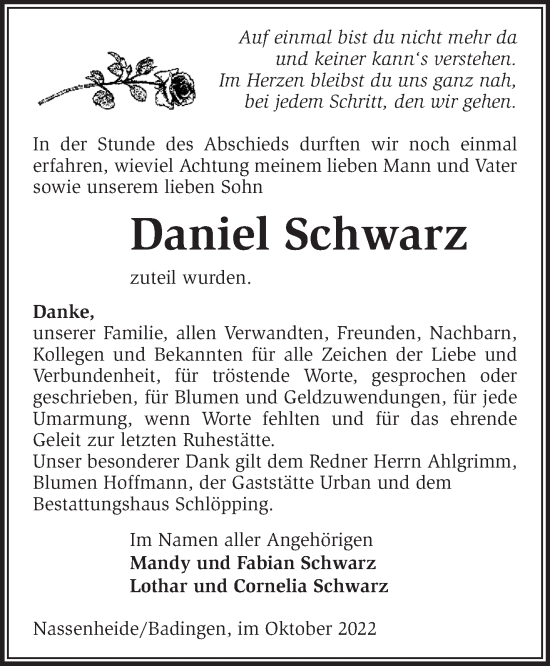 Traueranzeige von Daniel Schwarz von Märkische Oderzeitung