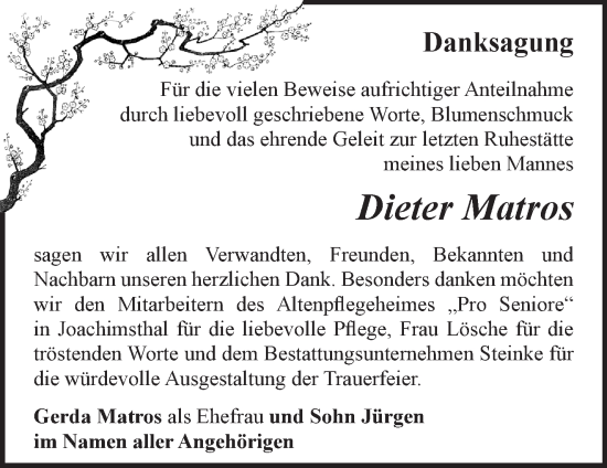 Traueranzeige von Dieter Matros von Märkische Oderzeitung