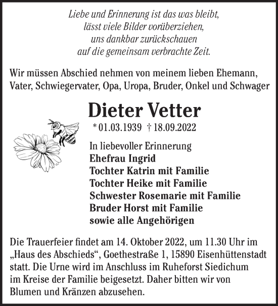 Traueranzeige von Dieter Vetter von Märkische Oderzeitung