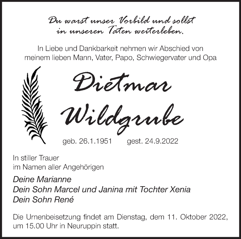  Traueranzeige für Dietmar Wildgrube vom 01.10.2022 aus Märkische Oderzeitung