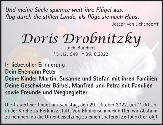 Traueranzeige von Doris Drobnitzky von Märkische Oderzeitung