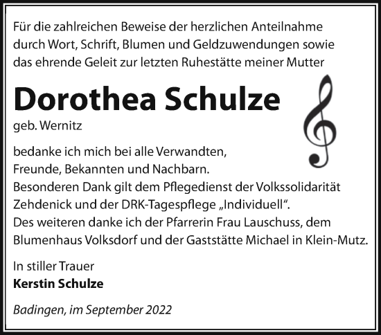 Traueranzeige von Dorothea Schulze von Märkische Oderzeitung