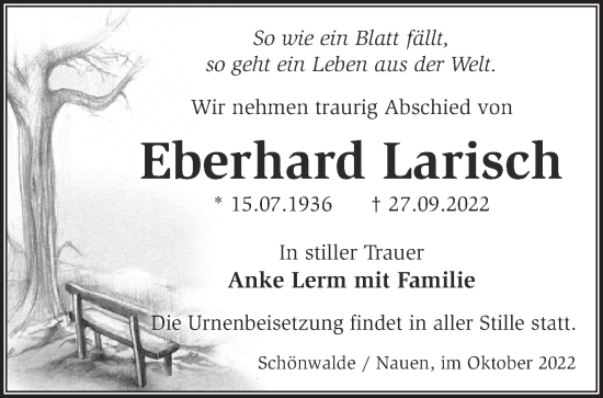 Traueranzeige von Eberhard Larisch von Märkische Oderzeitung