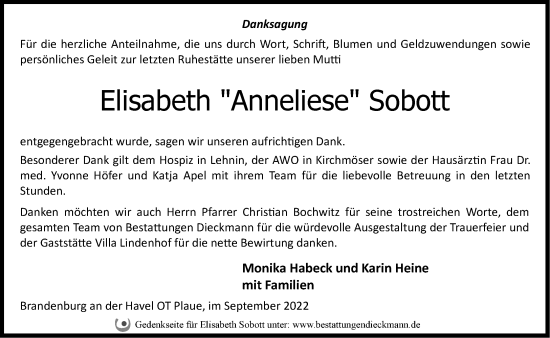 Traueranzeige von Elisabeth Sobott von Märkische Oderzeitung