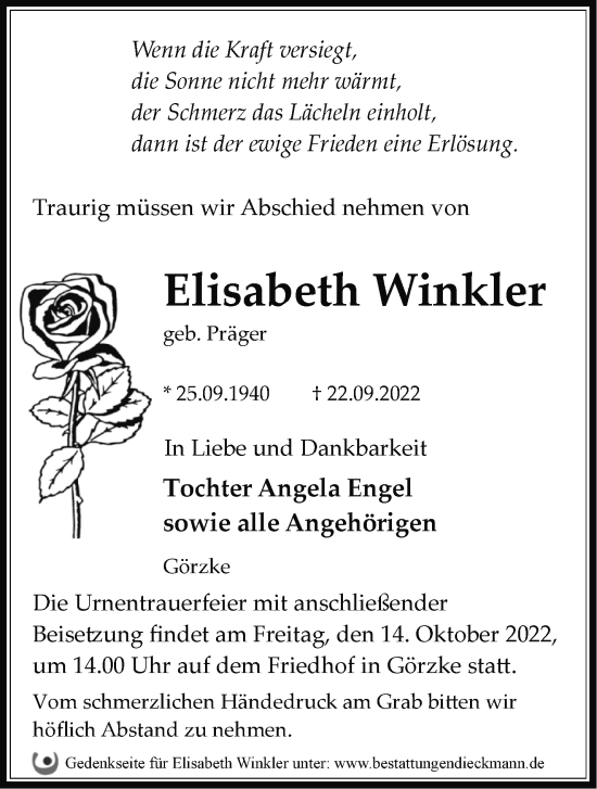 Traueranzeige von Elisabeth Winkler von Märkische Oderzeitung