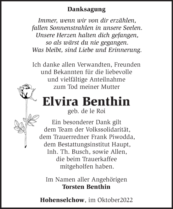 Traueranzeige von Elvira Benthin von Märkische Oderzeitung