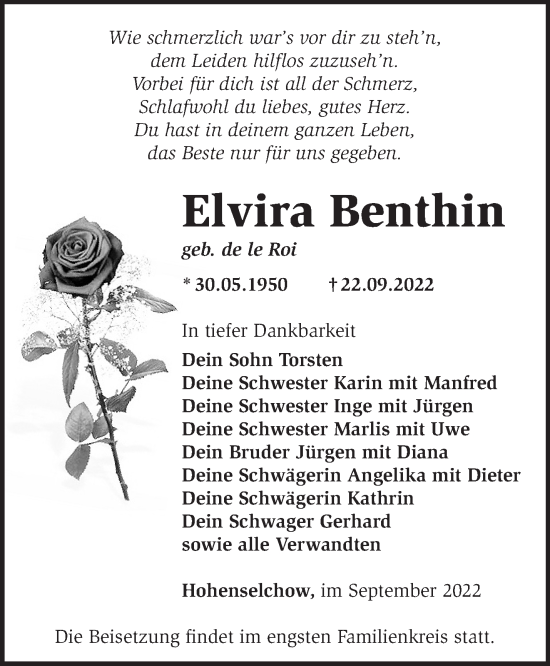 Traueranzeige von Elvira Benthin von Märkische Oderzeitung