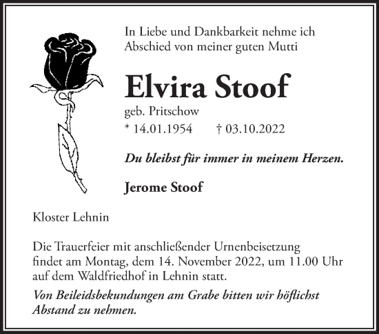 Traueranzeige von Elvira Stoof von Märkische Oderzeitung