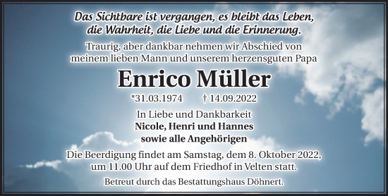 Traueranzeige von Enrico Müller von Märkische Oderzeitung