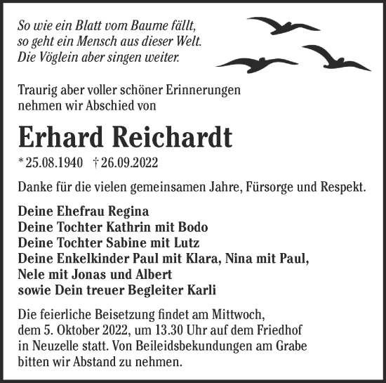 Traueranzeige von Erhard Reichardt von Märkische Oderzeitung