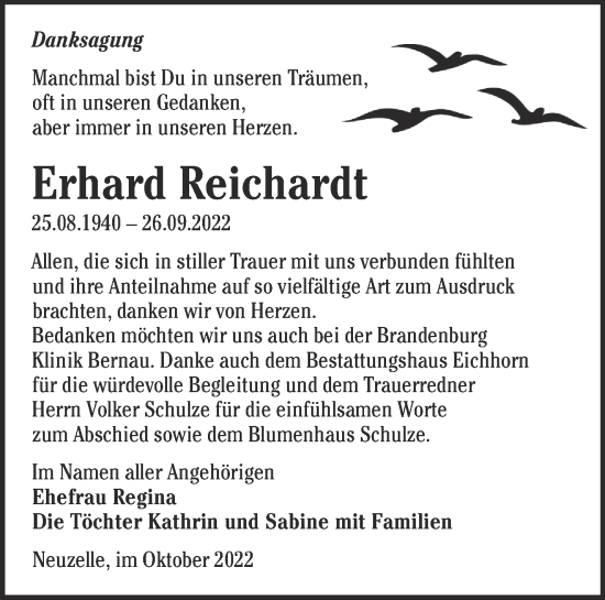 Traueranzeige von Erhard Reichardt von Märkische Oderzeitung