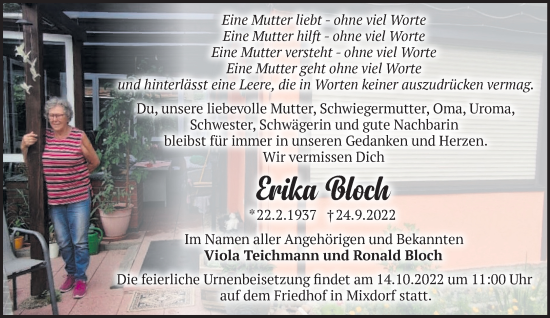 Traueranzeige von Erika Bloch von Märkische Oderzeitung