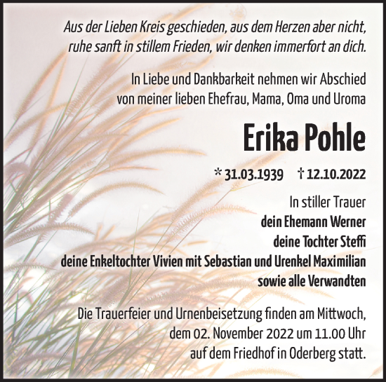 Traueranzeige von Erika Pohle von Märkische Oderzeitung