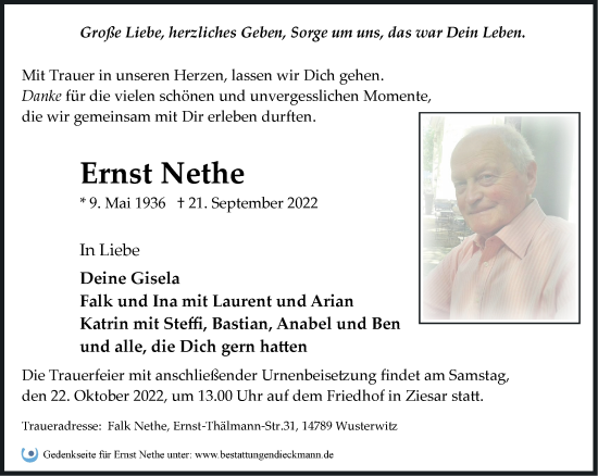 Traueranzeige von Ernst Nethe von Märkische Oderzeitung