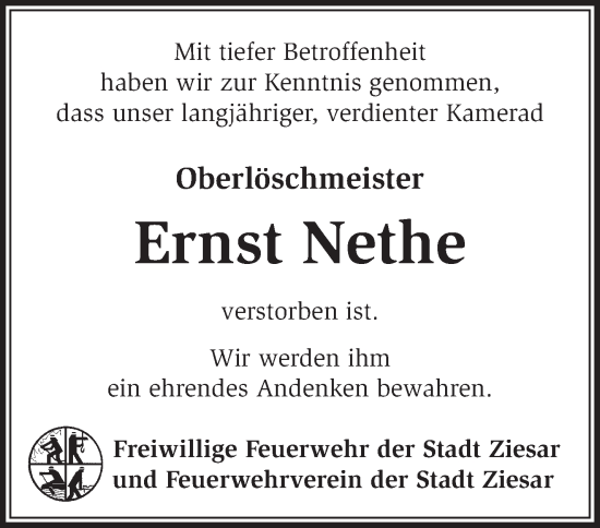 Traueranzeige von Ernst Nethe von Märkische Oderzeitung