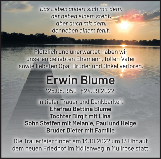 Traueranzeige von Erwin Blume von Märkische Oderzeitung