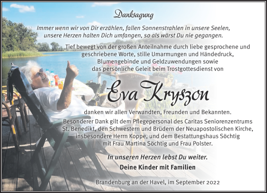 Traueranzeige von Eva Kryszon von Märkische Oderzeitung