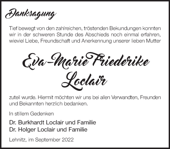 Traueranzeige von Eva-Marie Friederike Loclair von Märkische Oderzeitung