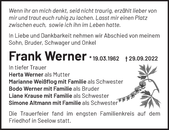 Traueranzeige von Frank Werner von Märkische Oderzeitung