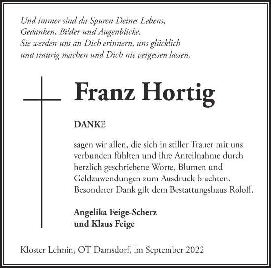 Traueranzeige von Franz Hortig von Märkische Oderzeitung