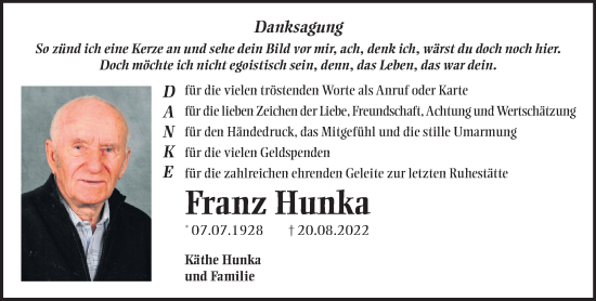 Traueranzeige von Franz Hunka von Märkische Oderzeitung