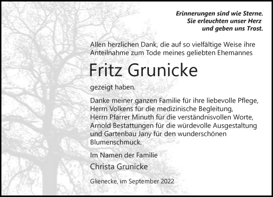 Traueranzeige von Fritz Grunicke von Märkische Oderzeitung