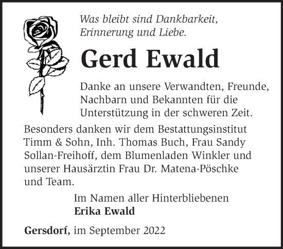 Traueranzeige von Gerd Ewald von Märkische Oderzeitung