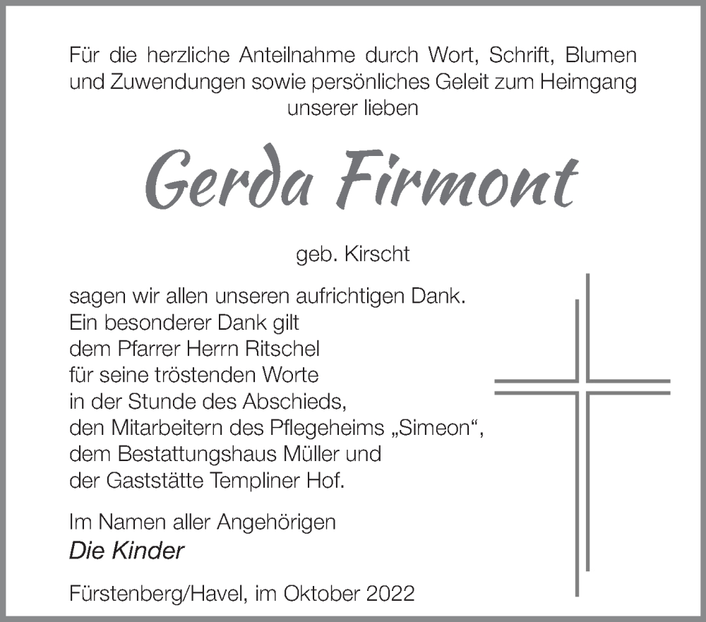  Traueranzeige für Gerda Firmont vom 12.10.2022 aus Märkische Oderzeitung