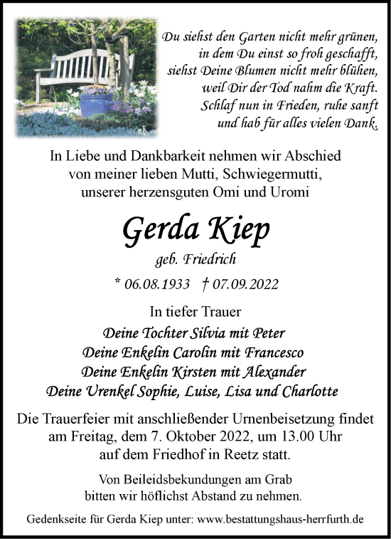 Traueranzeige von Gerda Kiep von Märkische Oderzeitung