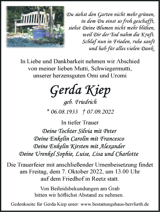 Traueranzeige von Gerda Kiep von Märkische Oderzeitung