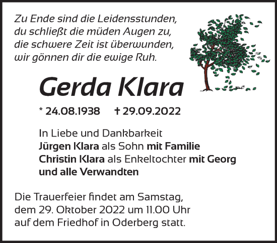 Traueranzeige von Gerda Klara von Märkische Oderzeitung