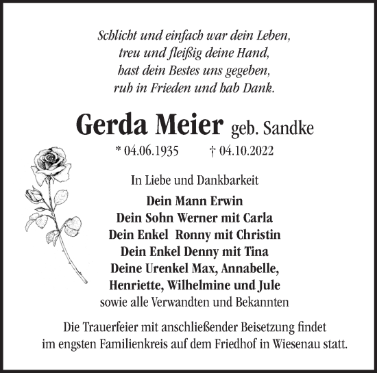 Traueranzeige von Gerda Meier von Märkische Oderzeitung