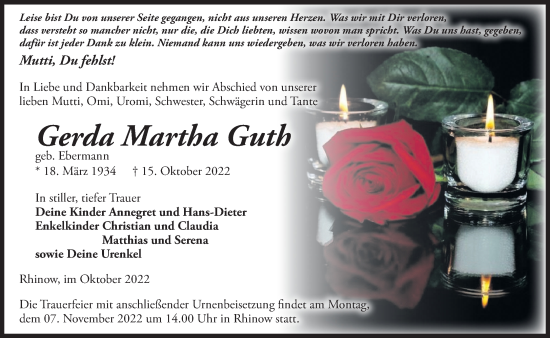 Traueranzeige von Gerda Martha Guth von Märkische Oderzeitung