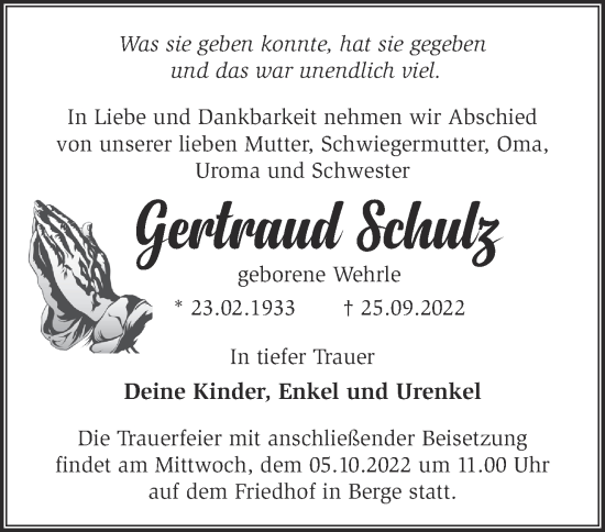 Traueranzeige von Gertraud Schulz von Märkische Oderzeitung