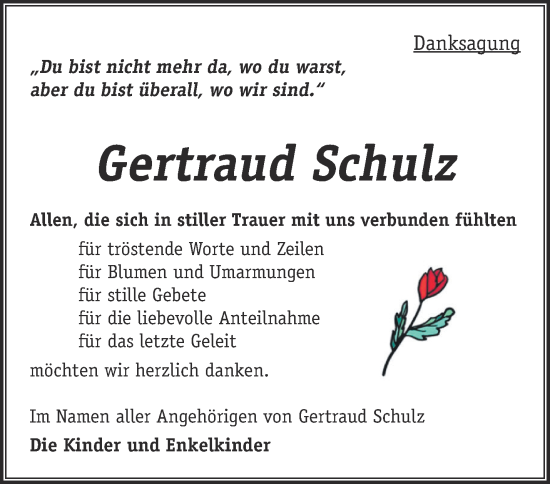 Traueranzeige von Gertraud Schulz von Märkische Oderzeitung