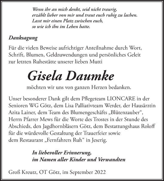 Traueranzeige von Gisela Daumke von Märkische Oderzeitung