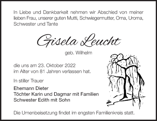 Traueranzeige von Gisela Leucht von Märkische Oderzeitung