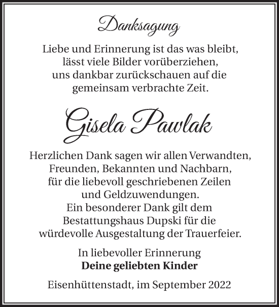 Traueranzeige von Gisela Pawlak von Märkische Oderzeitung