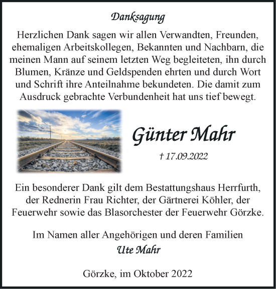 Traueranzeige von Günter Mahr von Märkische Oderzeitung