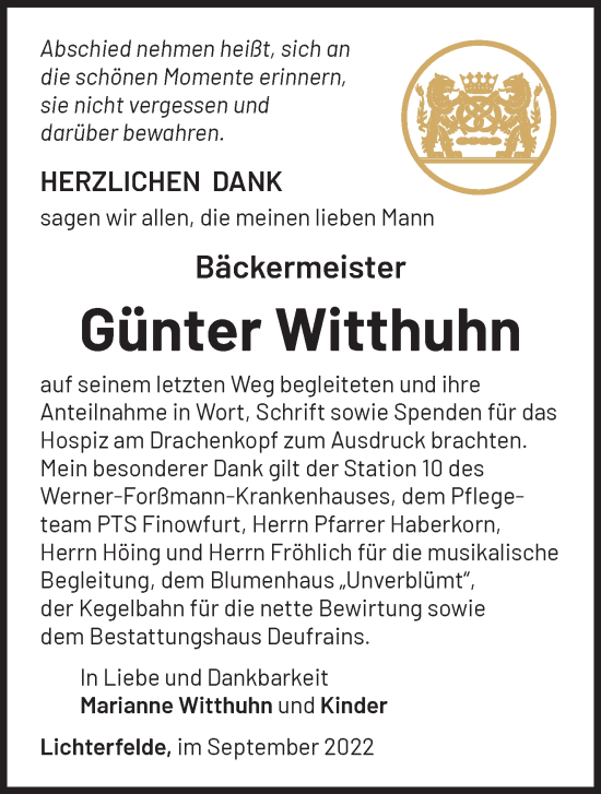 Traueranzeige von Günter Witthuhn von Märkische Oderzeitung