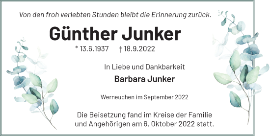 Traueranzeige von Günther Junker von Märkische Oderzeitung