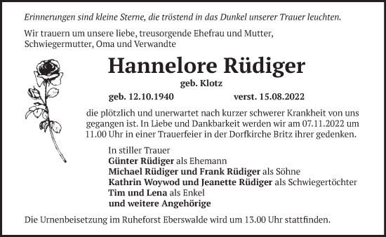 Traueranzeige von Hannelore Rüdiger von Märkische Oderzeitung