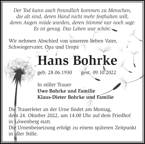 Traueranzeige von Hans Bohrke von Märkische Oderzeitung