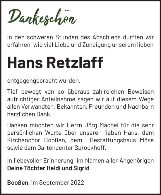 Traueranzeige von Hans Retzlaff von Märkische Oderzeitung