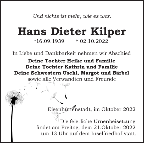 Traueranzeige von Hans Dieter Kilper von Märkische Oderzeitung