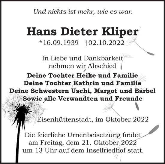 Traueranzeige von Hans Dieter Kliper von Märkische Oderzeitung