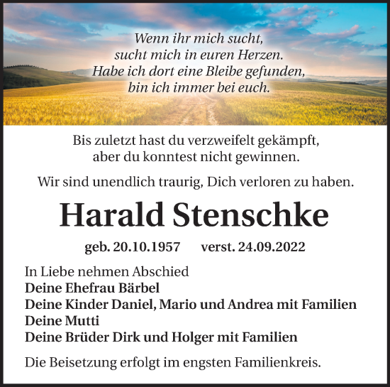 Traueranzeige von Harald Stenschke von Märkische Oderzeitung