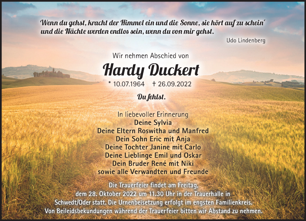  Traueranzeige für Hardy Duckert vom 08.10.2022 aus Märkische Oderzeitung