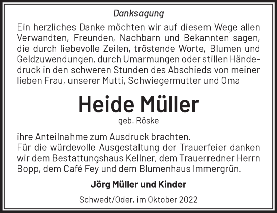 Traueranzeige von Heide Müller von Märkische Oderzeitung